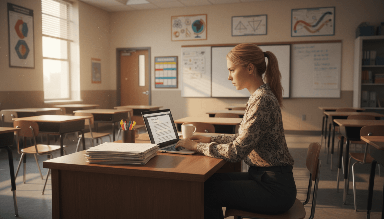 Tenth grade classroom teacher at desk in September, bulletin board visible