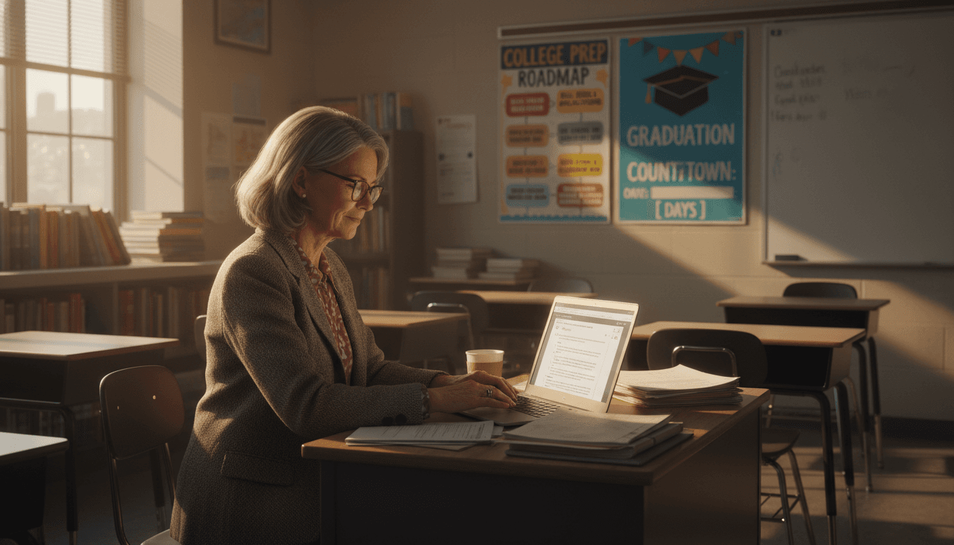 Twelfth grade classroom teacher at desk in September, bulletin board visible