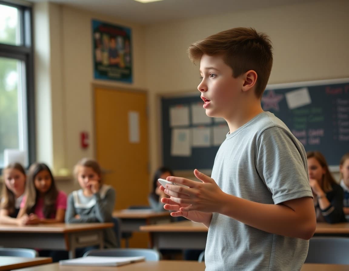 Academic Decathlon student practicing a speech in front of a small classroom audience