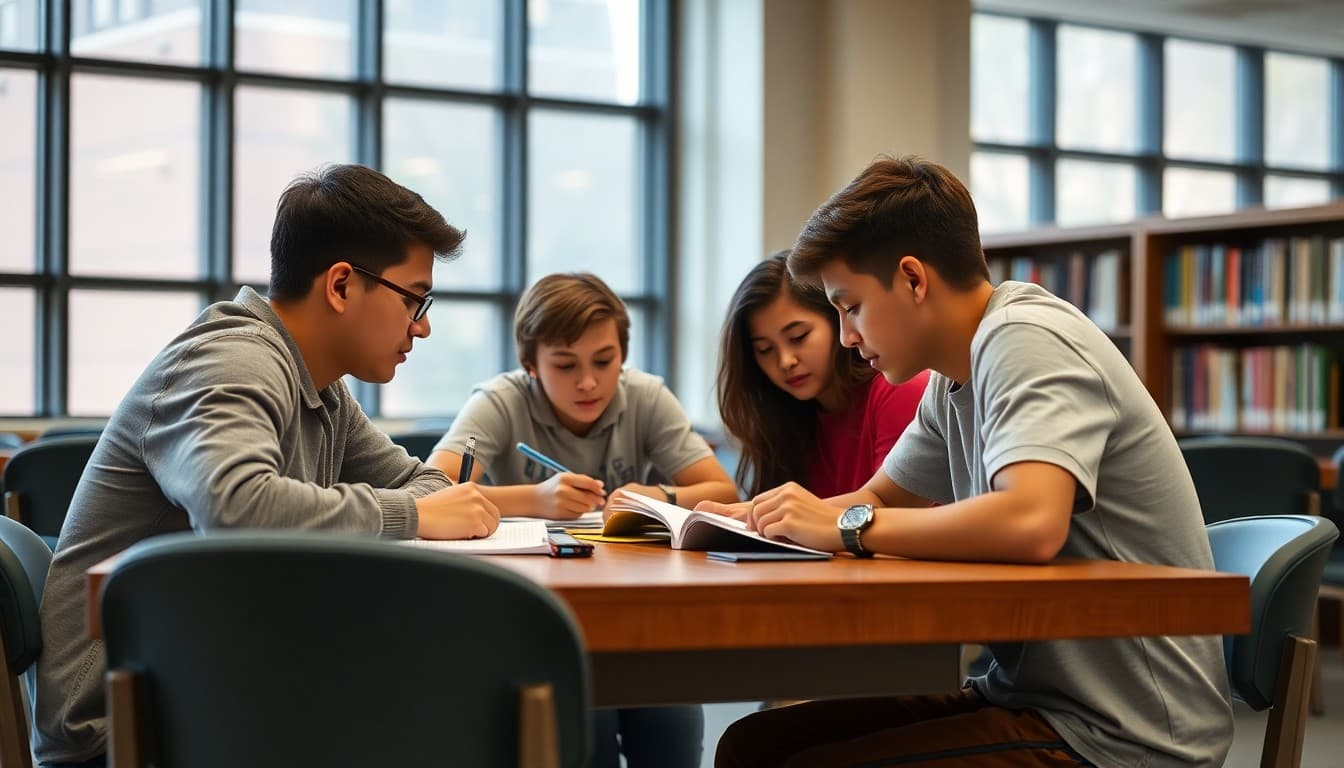 High school Academic Decathlon team studying together at a library table before a competition