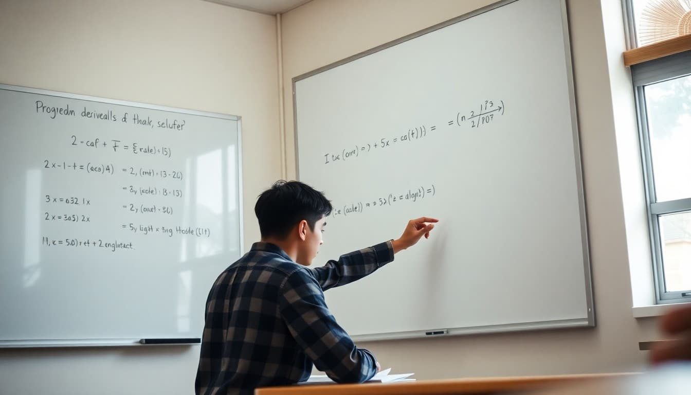 AP Calculus student working through problem set with derivatives and integral notation on whiteboard