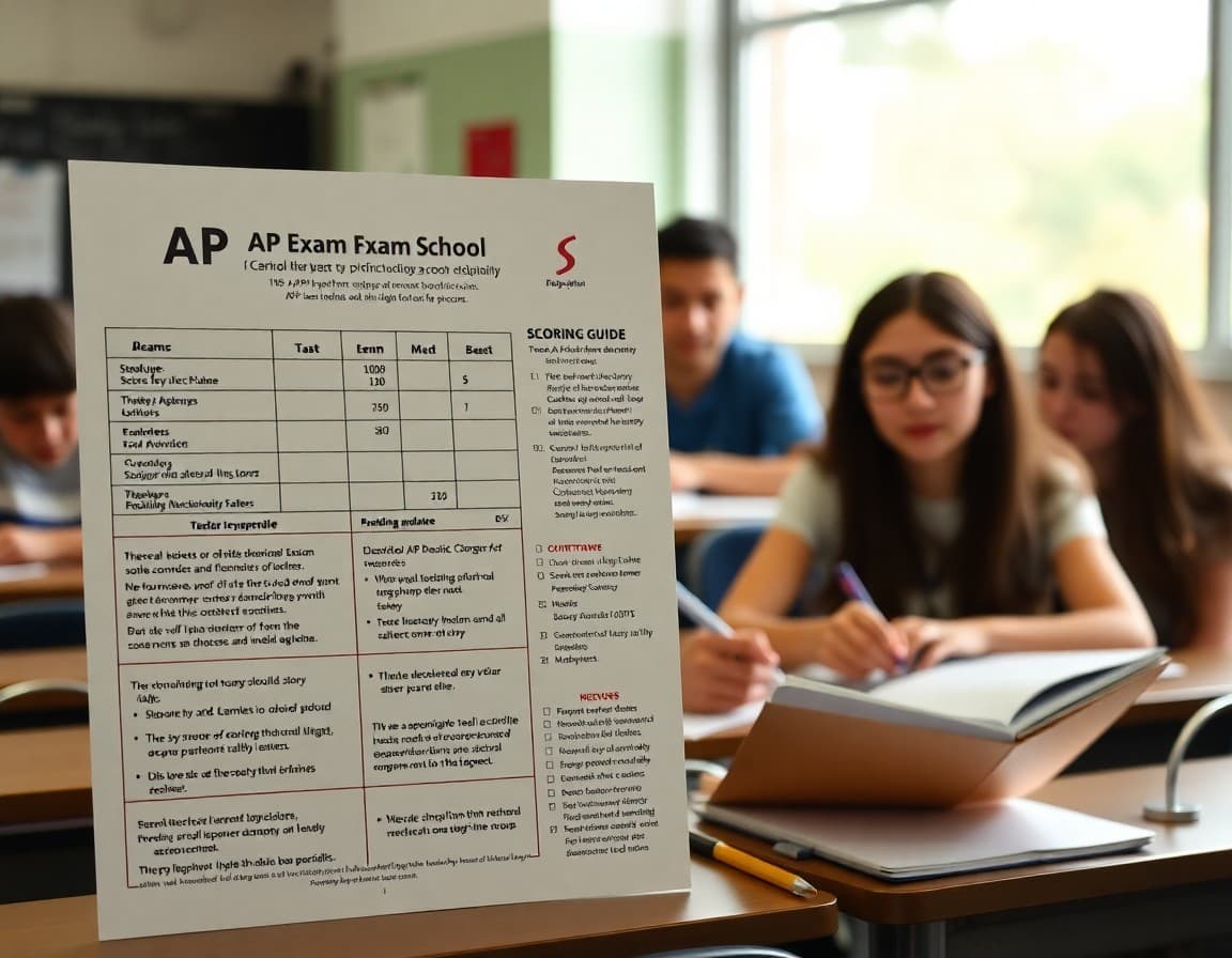 High school AP exam prep newsletter showing exam schedule, scoring guide, and study resource list for families