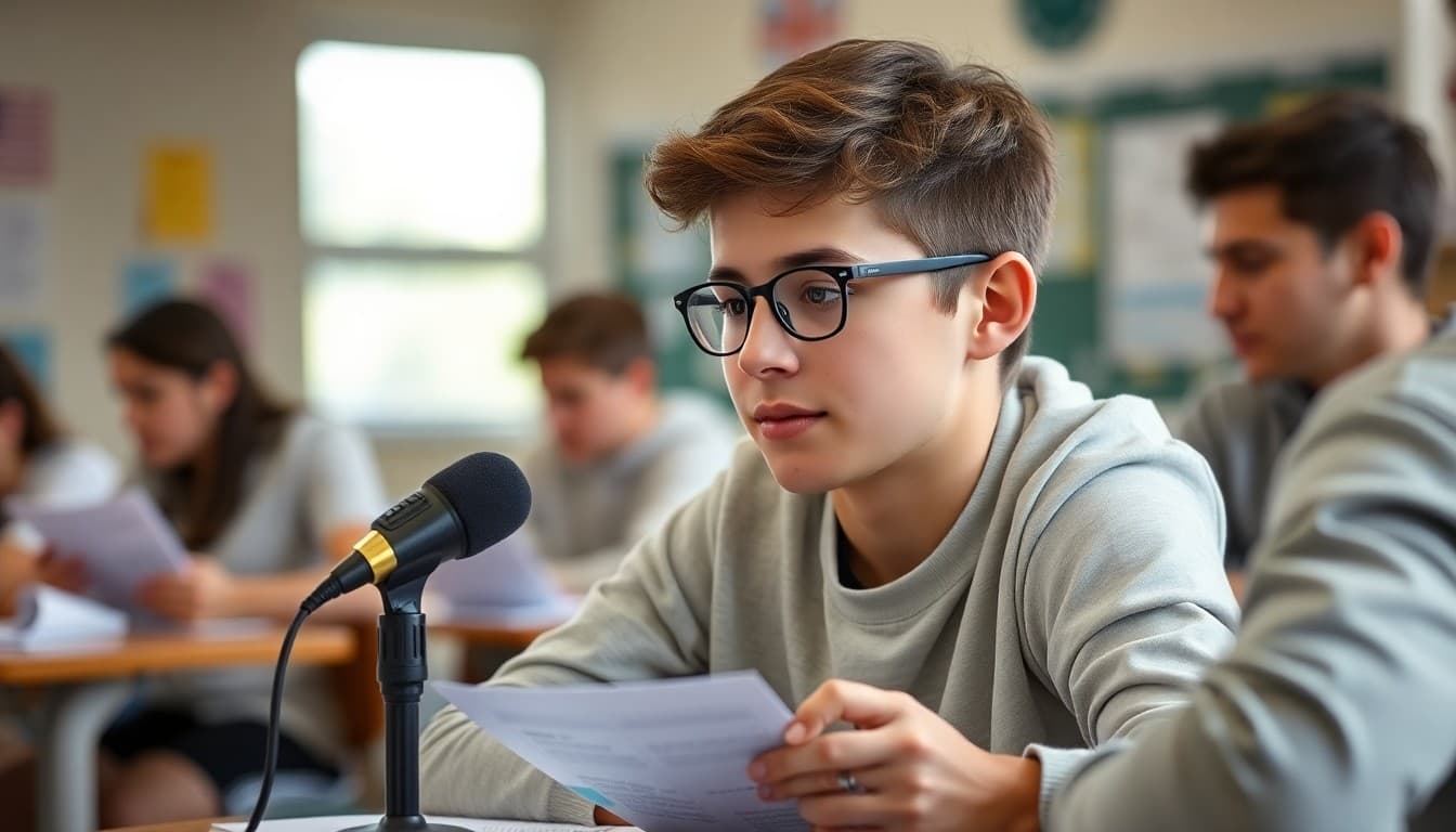 AP German student listening to German podcast with transcript notes and speaking preparation materials
