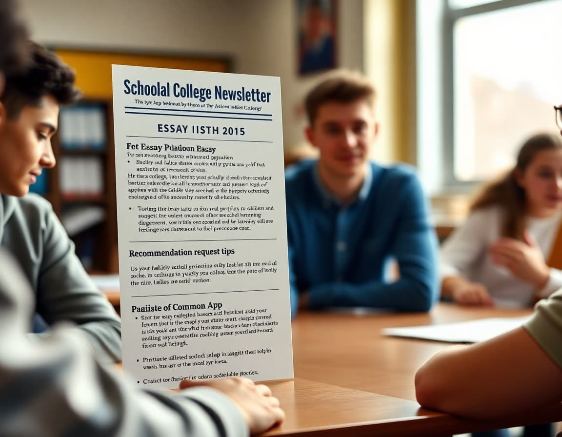 High school college application newsletter showing essay deadlines, recommendation request tips, and Common App guidance