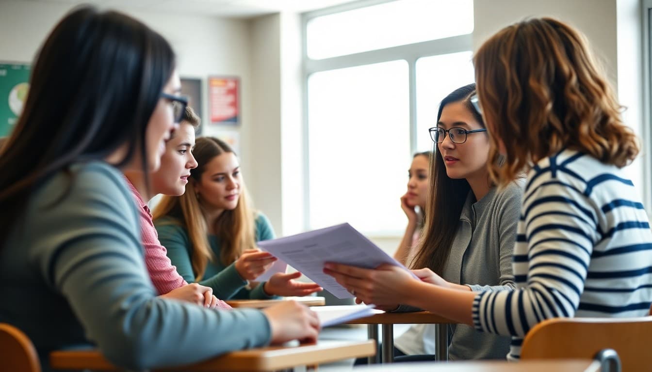 High school teacher reviewing college application materials with students in a classroom setting