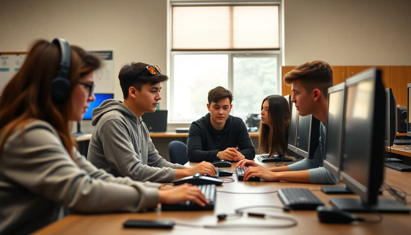 High school students collaborating on a game design project at computer workstations in a tech lab