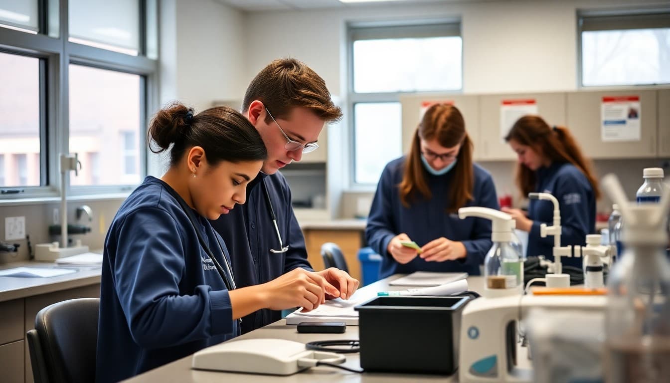 High school healthcare cte students working on hands-on projects in a well-equipped healthcare cte lab with safety equipment visible