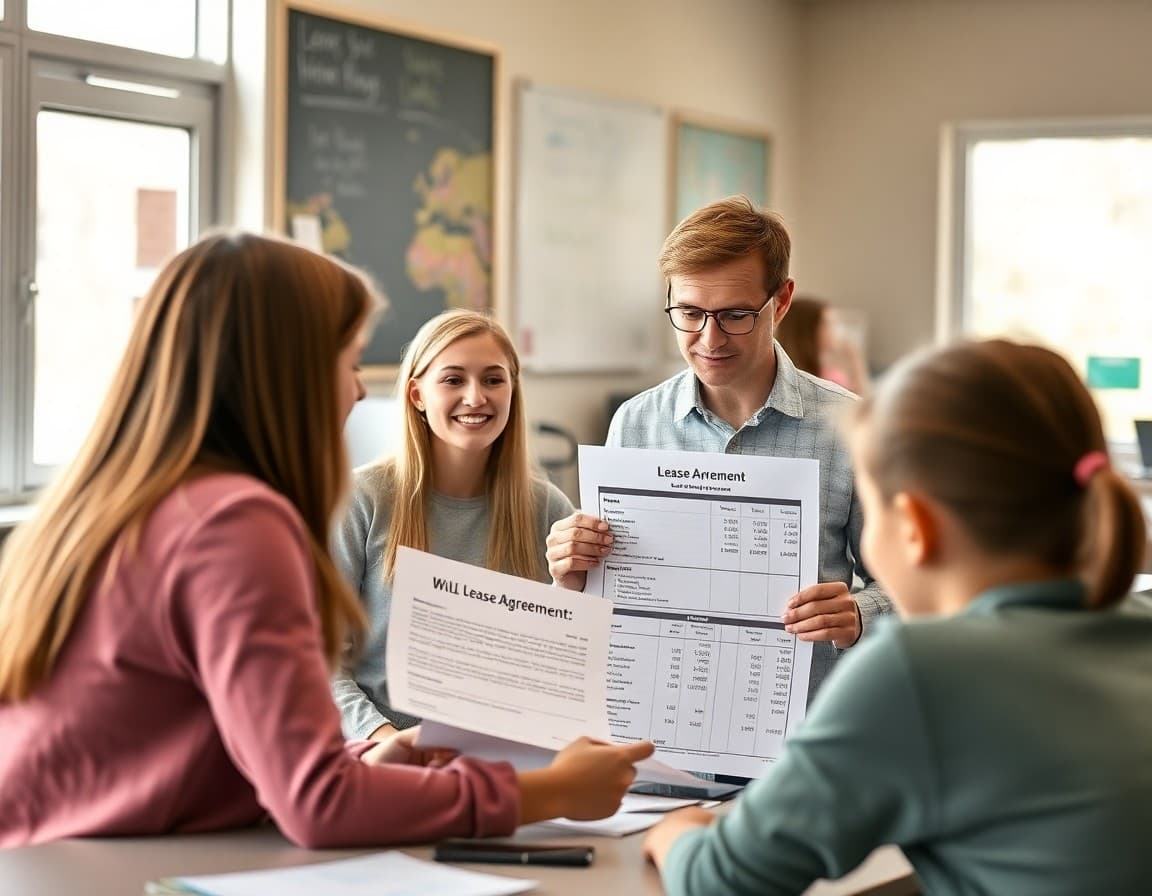 Personal finance teacher reviewing a lease agreement and monthly budget with high school students