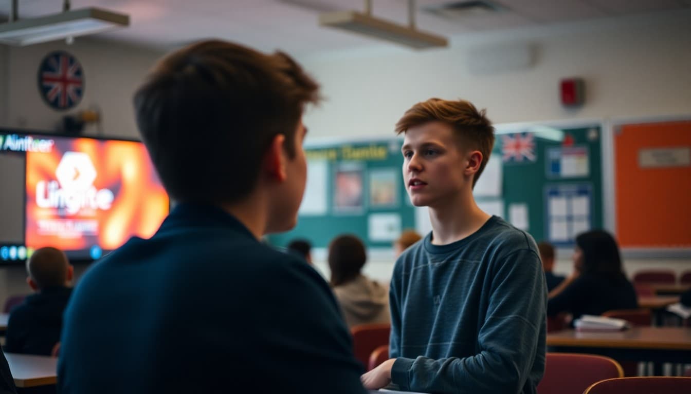 High school student presenting Ignite talk with auto-advancing slides visible behind them on screen