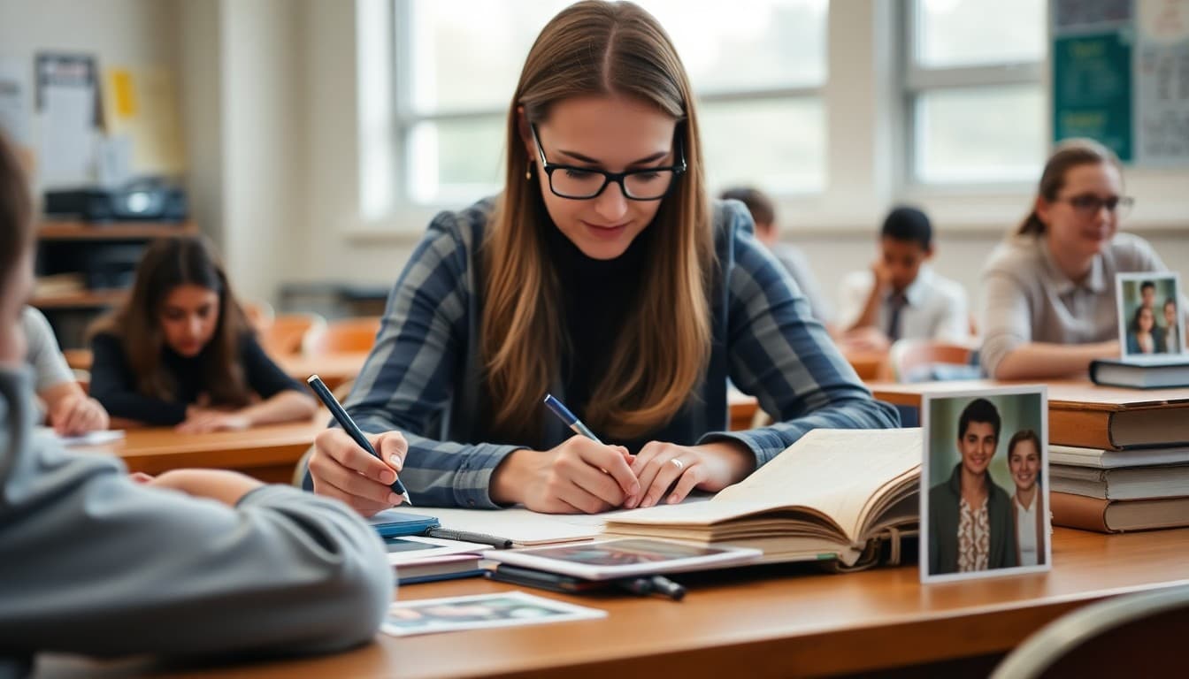 High school teacher writing personal letter to senior class with graduation cards and student photos visible on desk