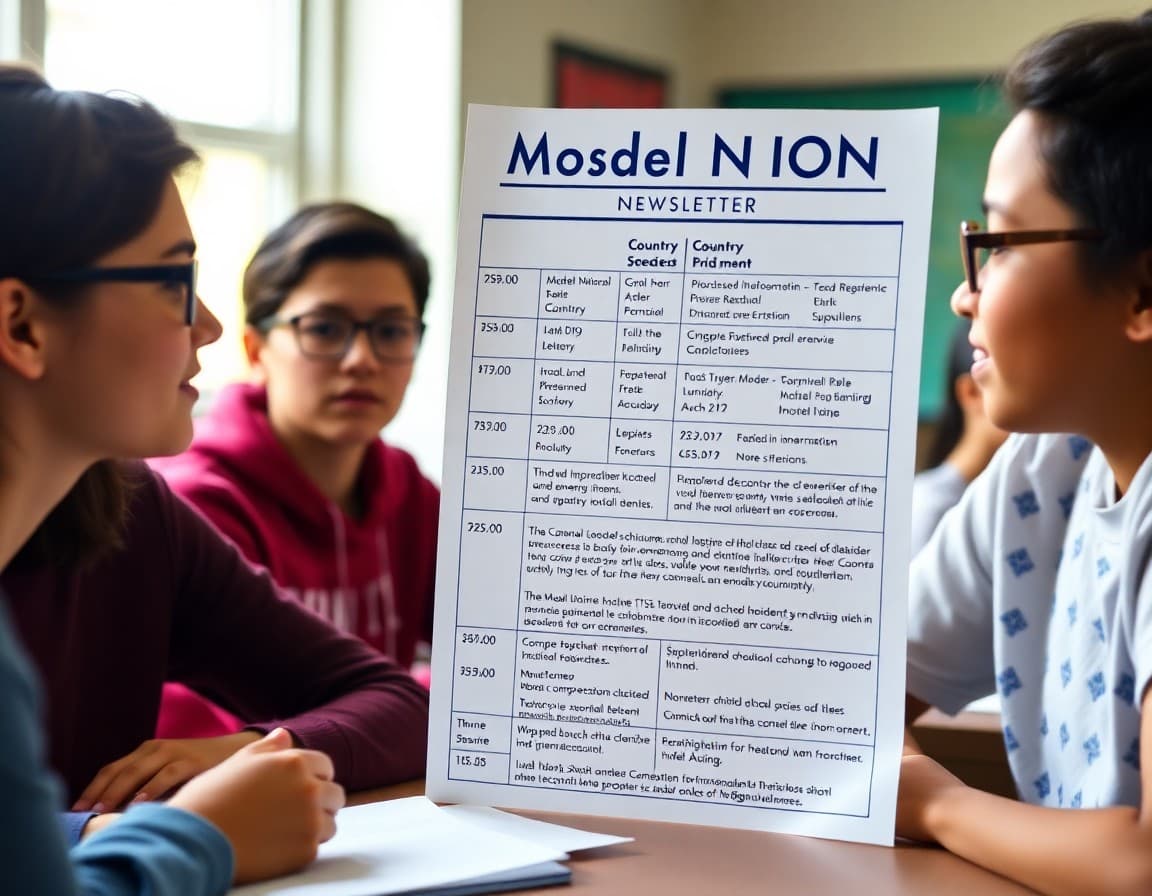 High school Model UN newsletter showing conference schedule, country assignments, and preparation requirements