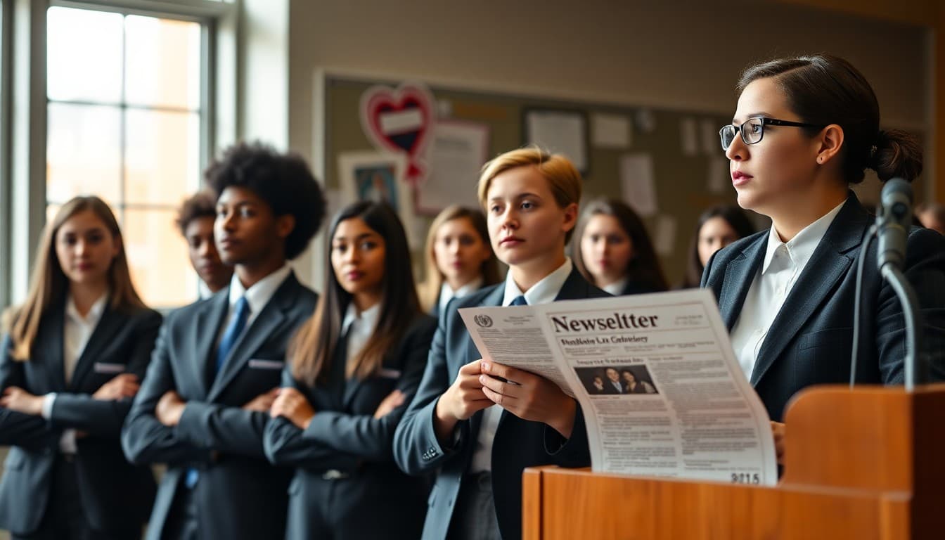 High school Model UN students in formal debate attire with teacher newsletter on presentation podium
