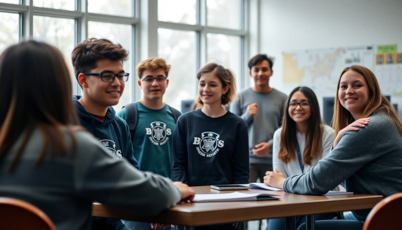 High school National Honor Society members at a chapter meeting or community service event with faculty advisor visible