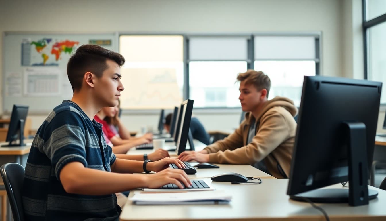 High school students tracking stock market game portfolios on classroom computers