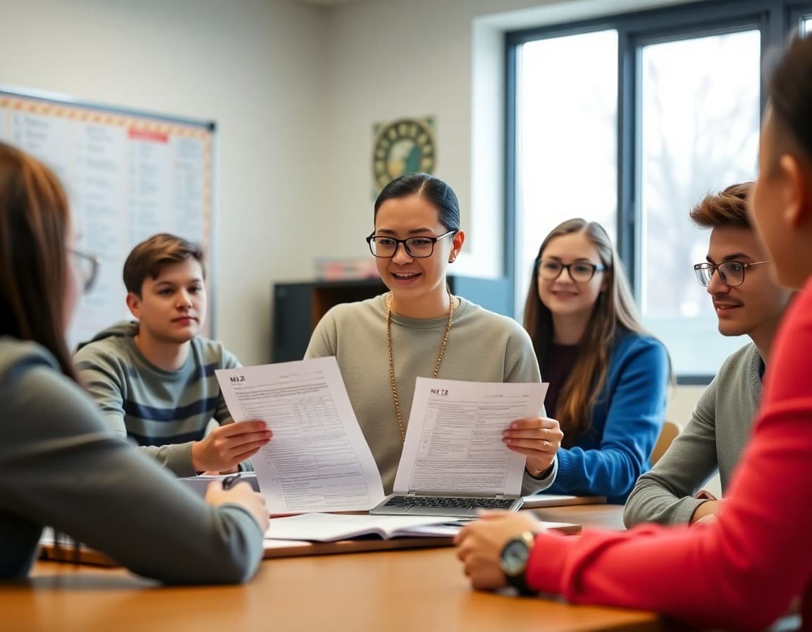 Personal finance teacher explaining W-2 form components to high school students
