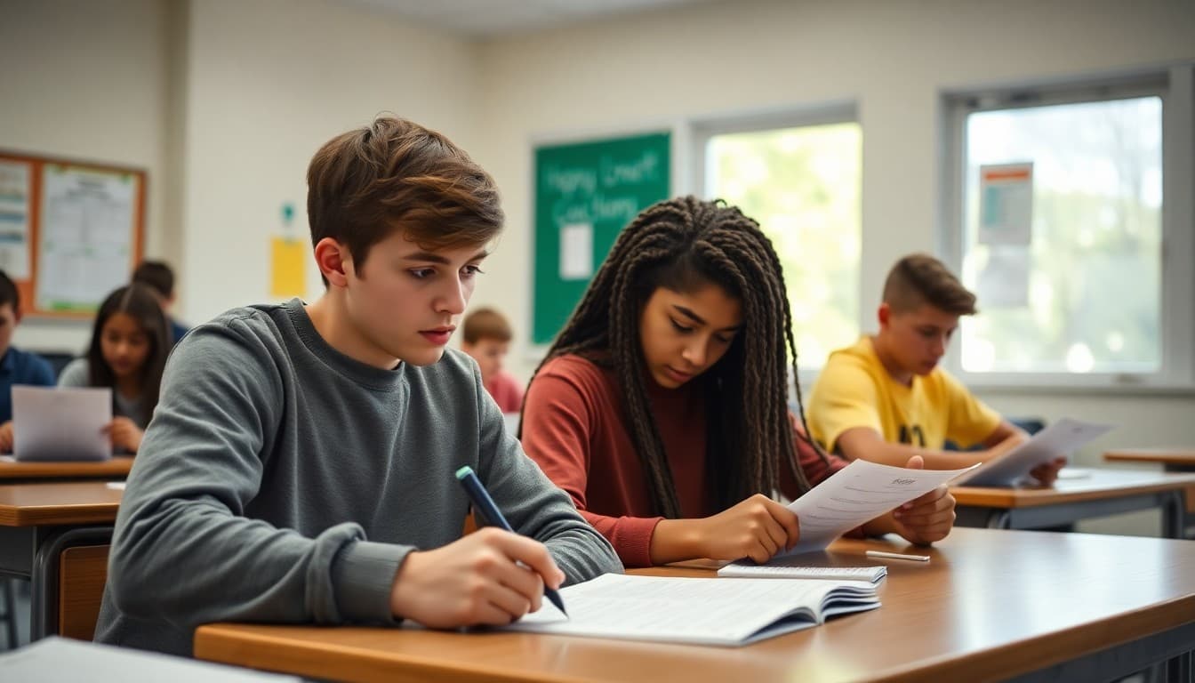 High school students completing practice tax forms in a personal finance classroom
