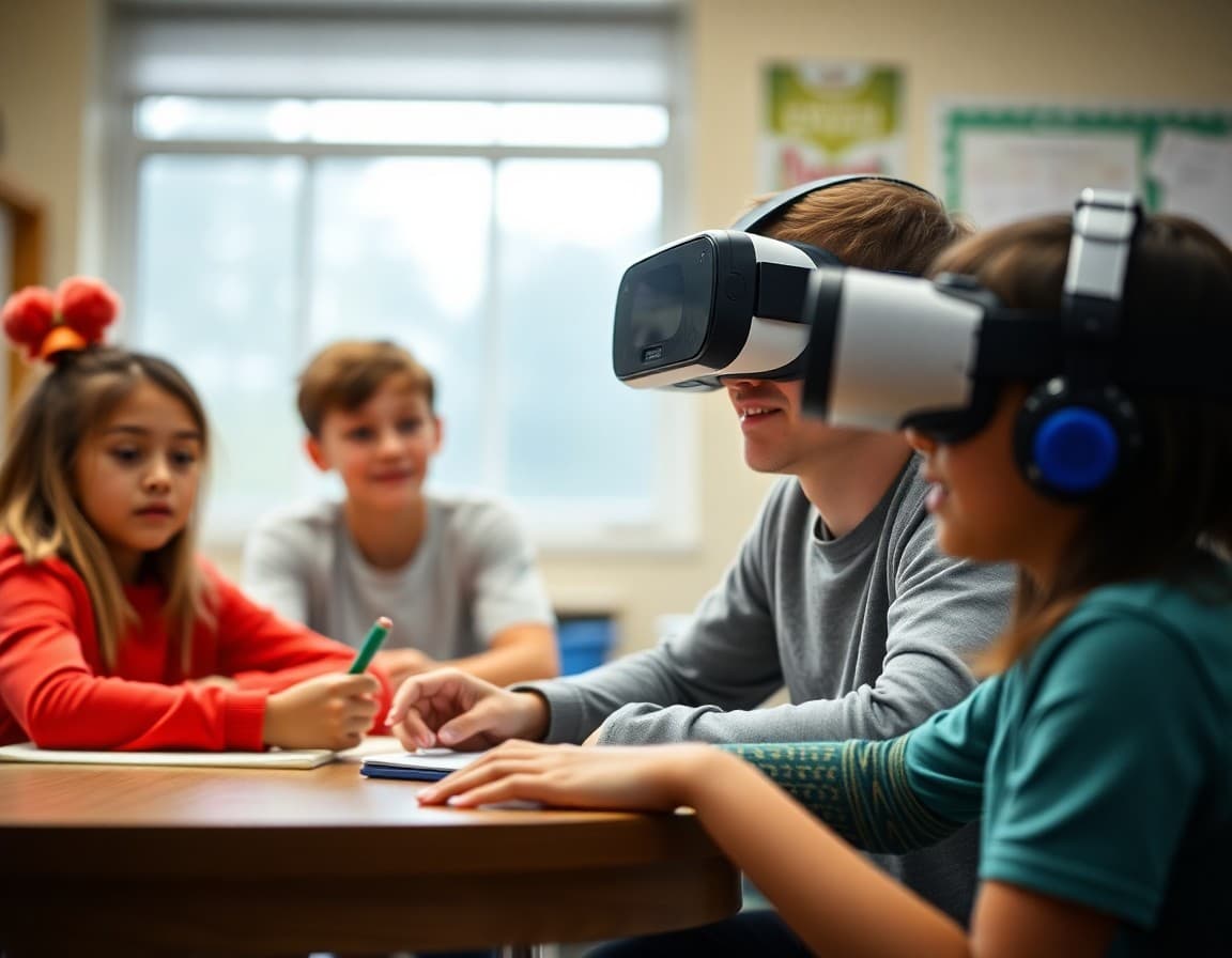 High school virtual reality newsletter showing educational VR applications and safety guidelines for families