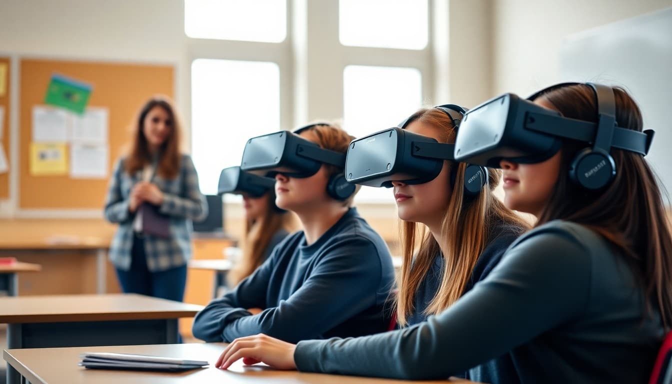 High school students using virtual reality headsets in a classroom with teacher observing nearby