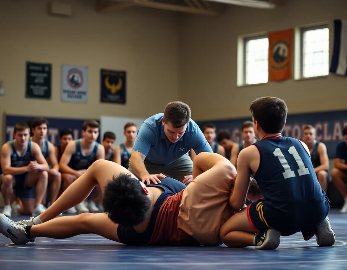 Wrestling coach demonstrating a takedown technique to high school athletes on the mat