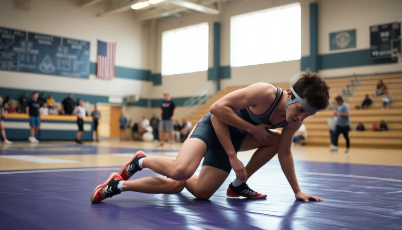 High school wrestlers competing on a mat in a gymnasium during a dual meet