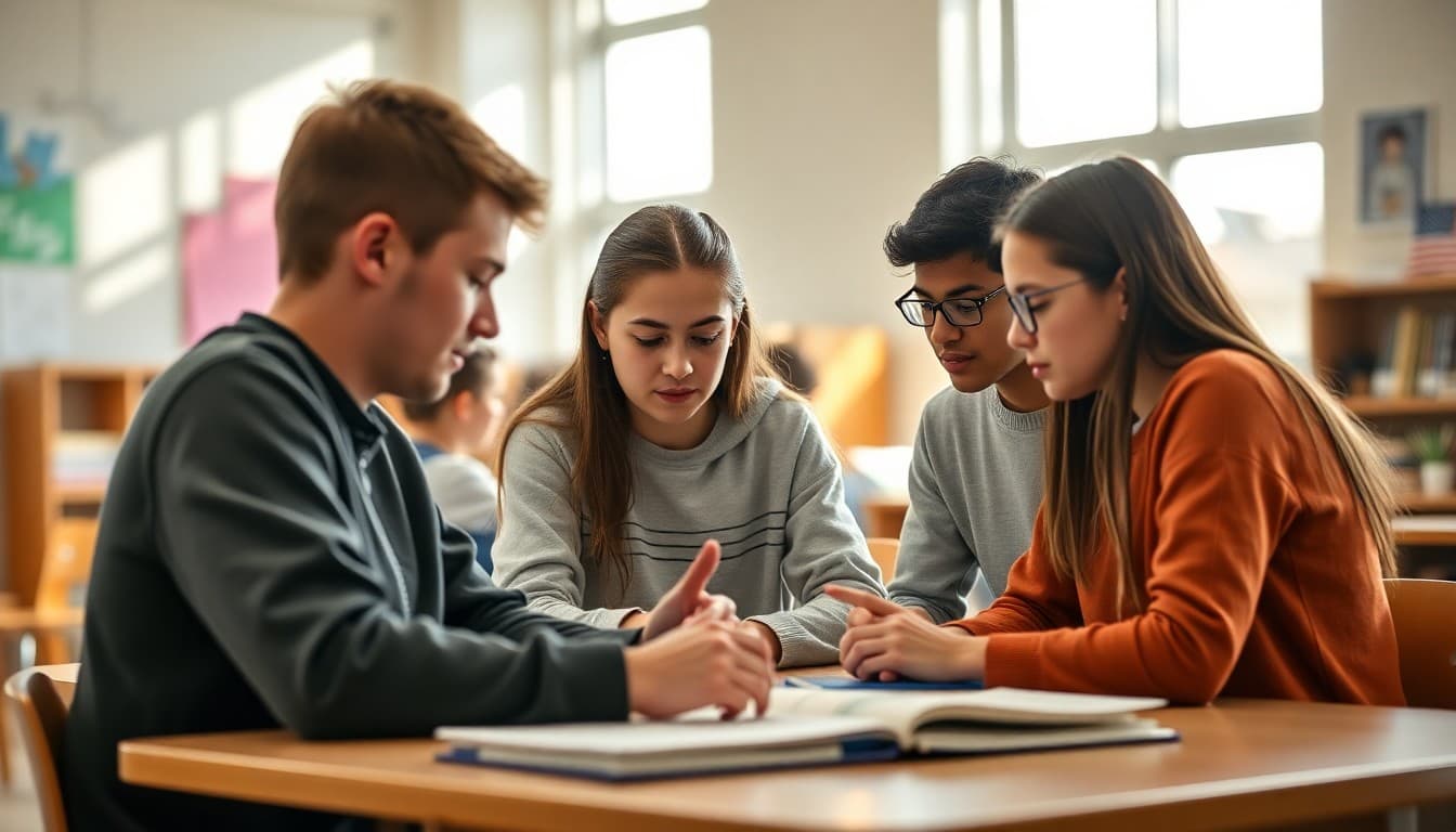 10th grade students working in a collaborative group project in a bright high school classroom