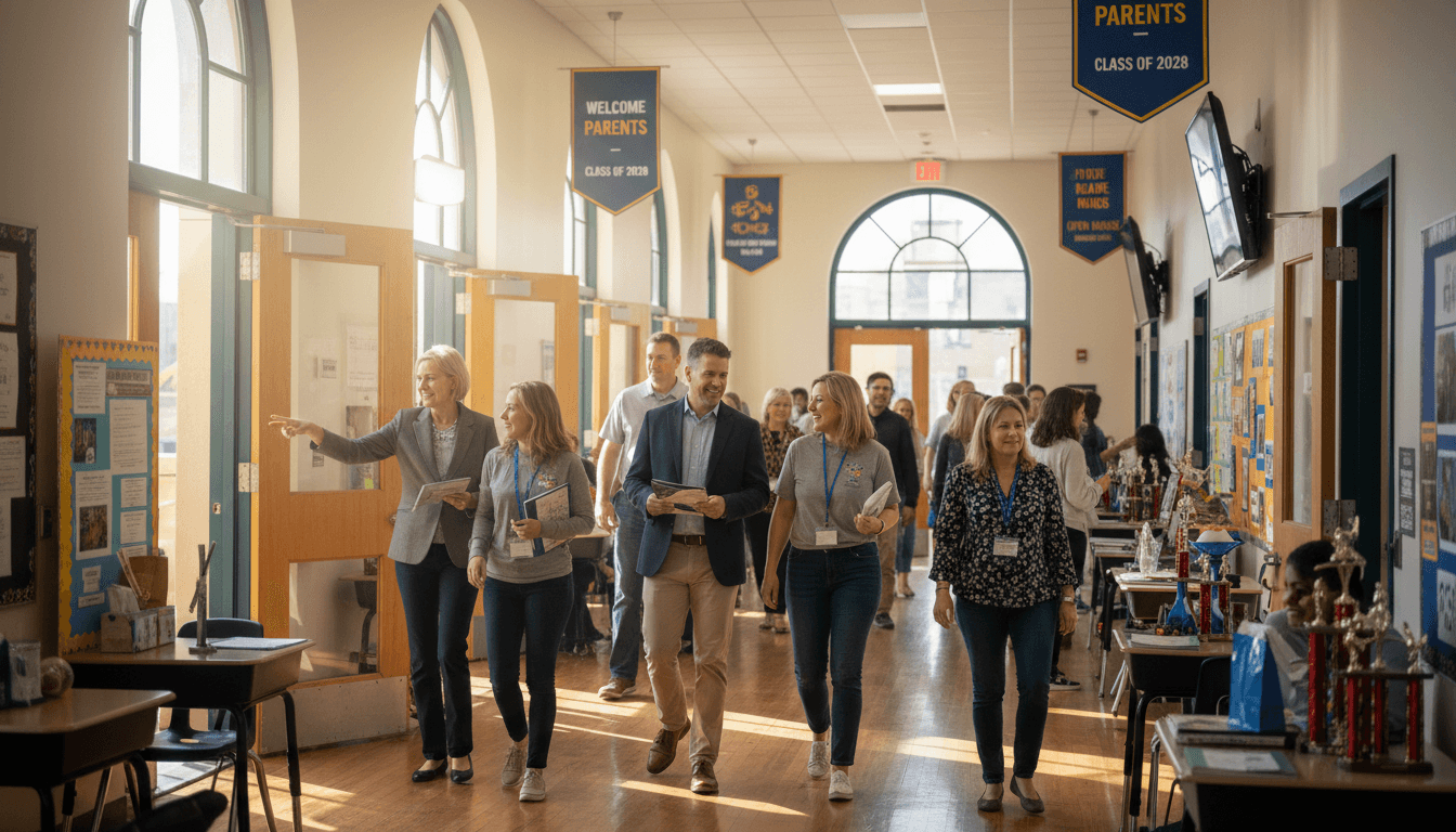 Parents walking through a high school hallway during an open house event