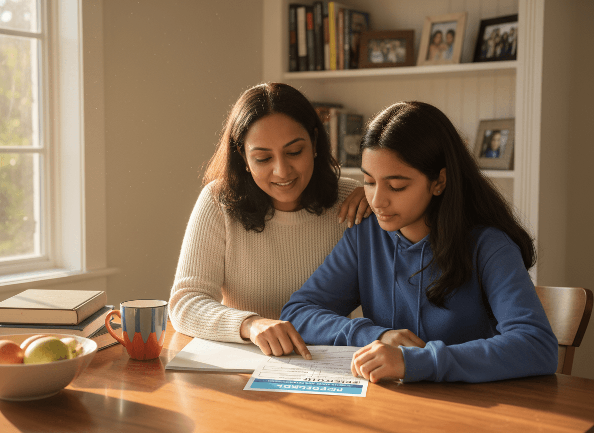 Parent and student reviewing a report card together at home