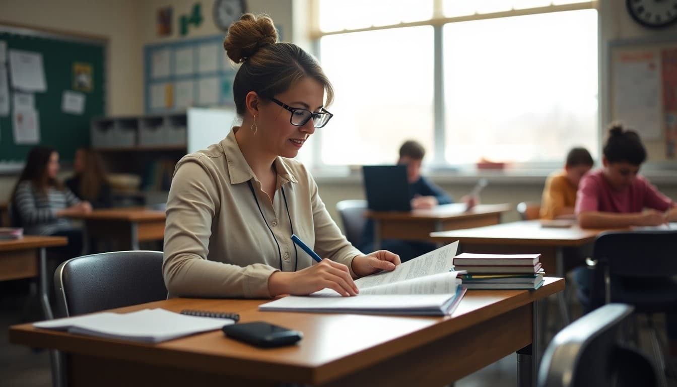 High school teacher in Tennessee drafting a parent newsletter at a classroom desk