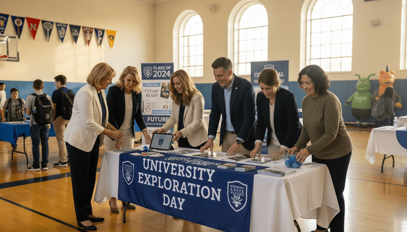 Senior year parent volunteers setting up a college fair table at a high school gymnasium