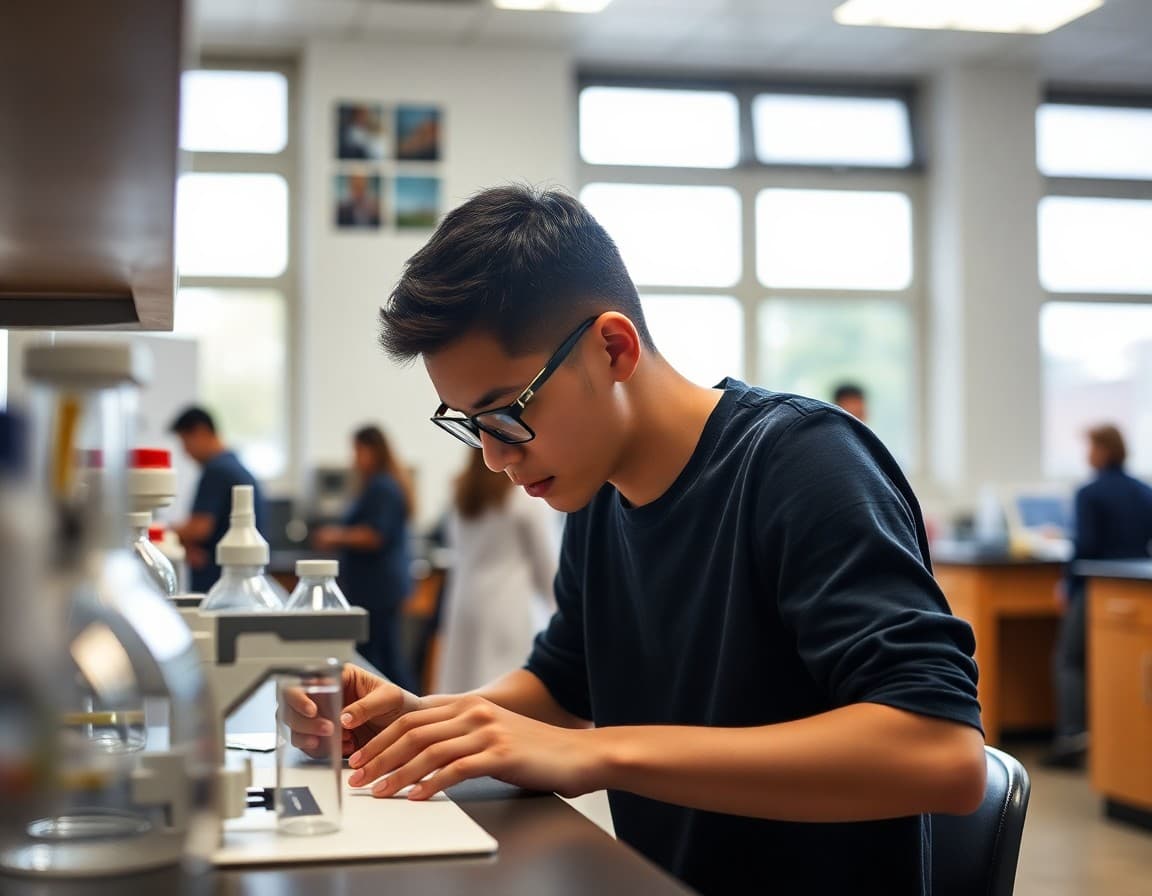 Senior student working in a science lab on an original research project for the school science fair
