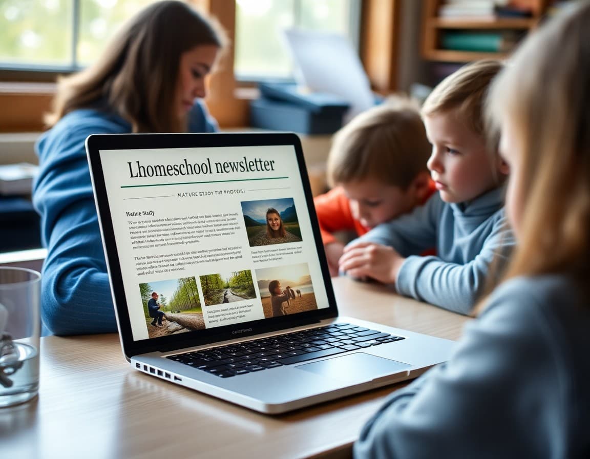 An Alaska homeschool newsletter on a laptop showing nature study updates and field trip photos