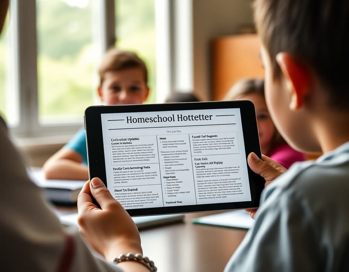 An Alabama homeschool newsletter displayed on a tablet showing curriculum updates and co-op events