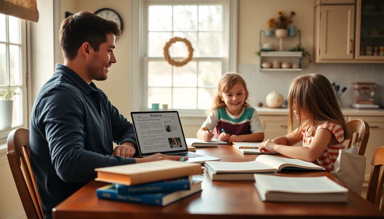 A homeschool family at a kitchen table with books and a laptop open to a newsletter draft