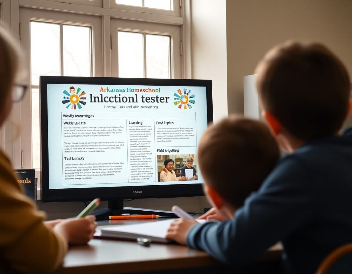 Arkansas homeschool newsletter on a screen showing weekly learning updates and field trip summaries
