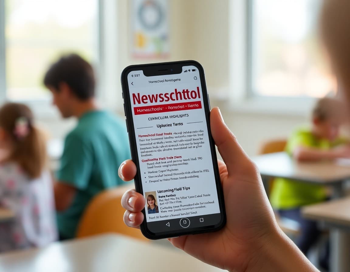 An Arizona homeschool newsletter on a phone showing curriculum highlights and upcoming field trips