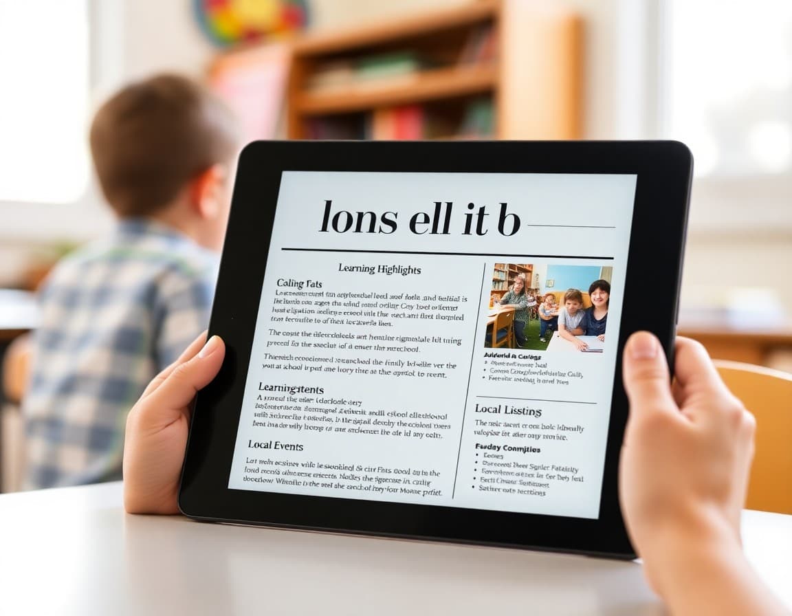 California homeschool newsletter on a tablet with sections for learning highlights and local event listings