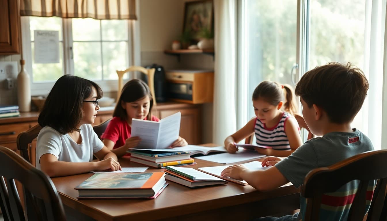 A homeschool family at a sunlit California kitchen table with curriculum books and student work displayed