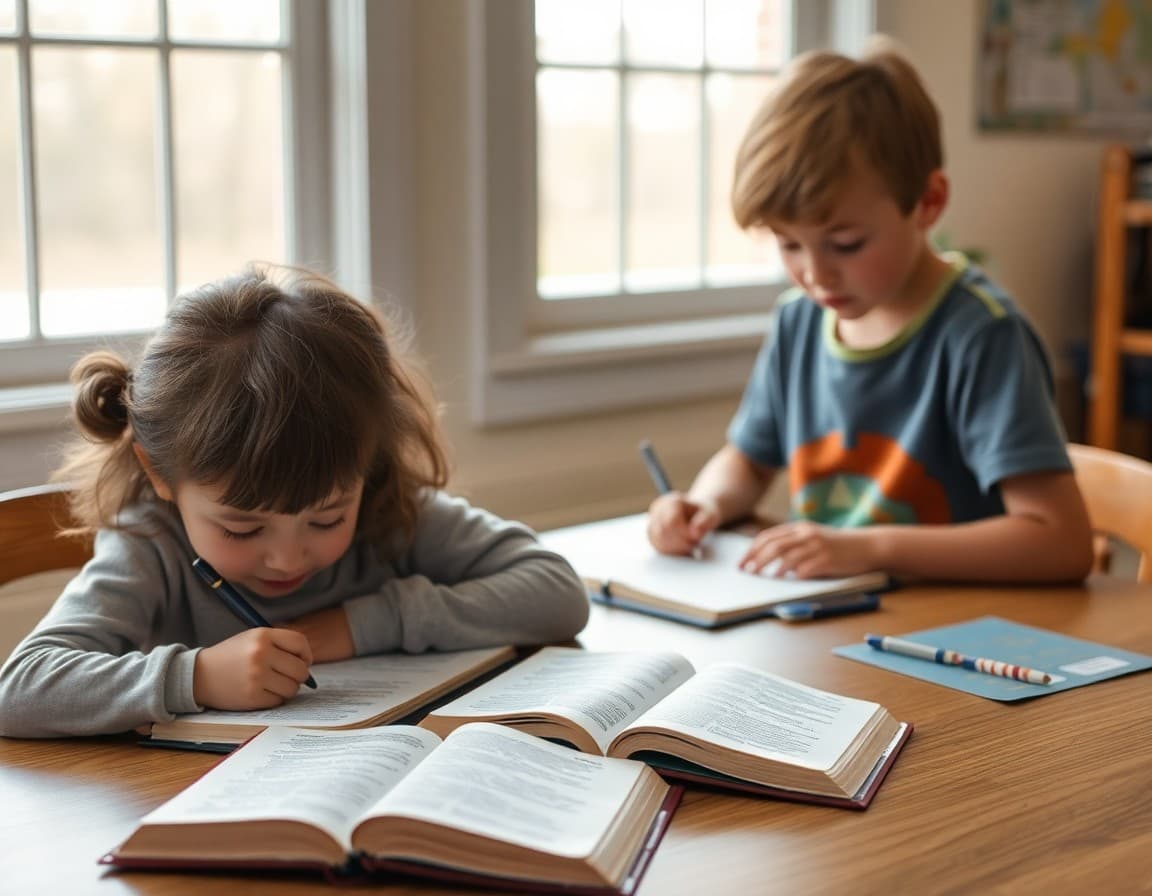 Homeschool children working on scripture memorization and writing activities with Bible open beside them