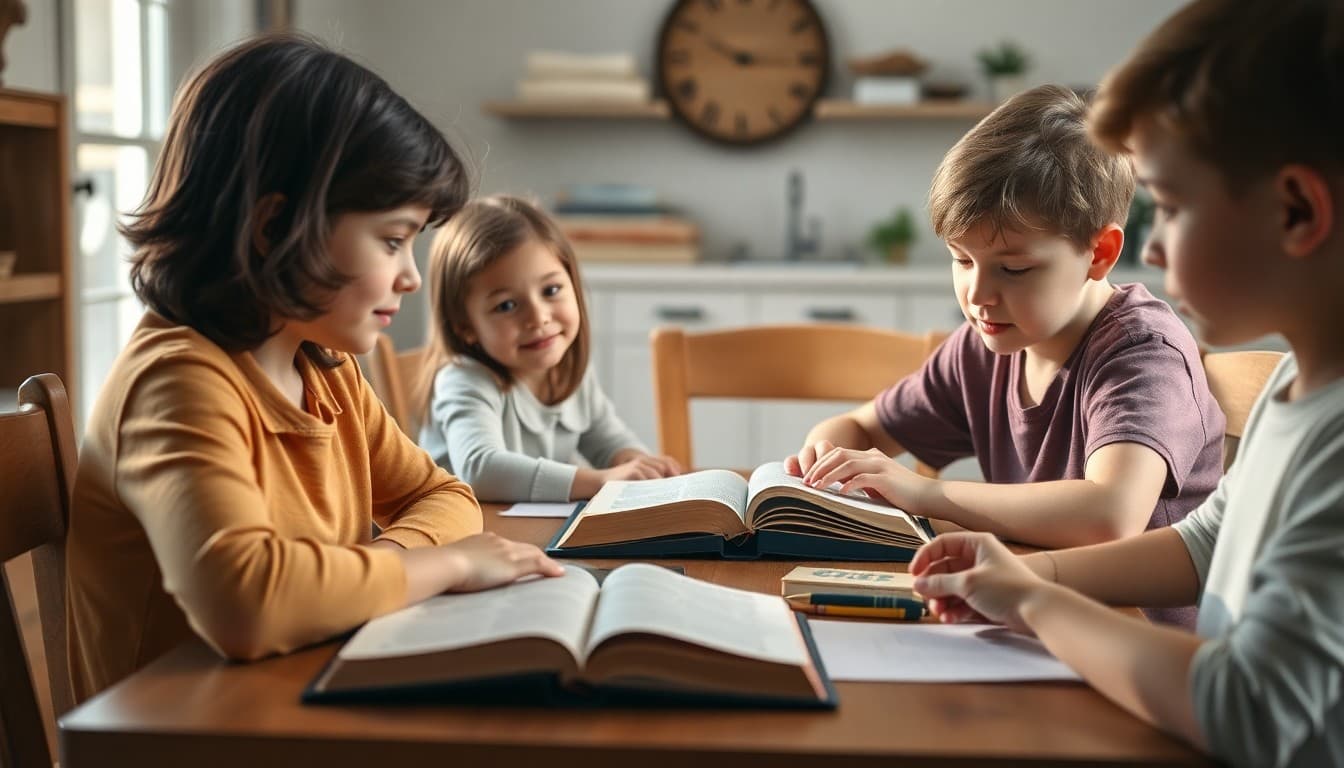 Christian homeschool family doing Bible-integrated lessons together at a family dining table