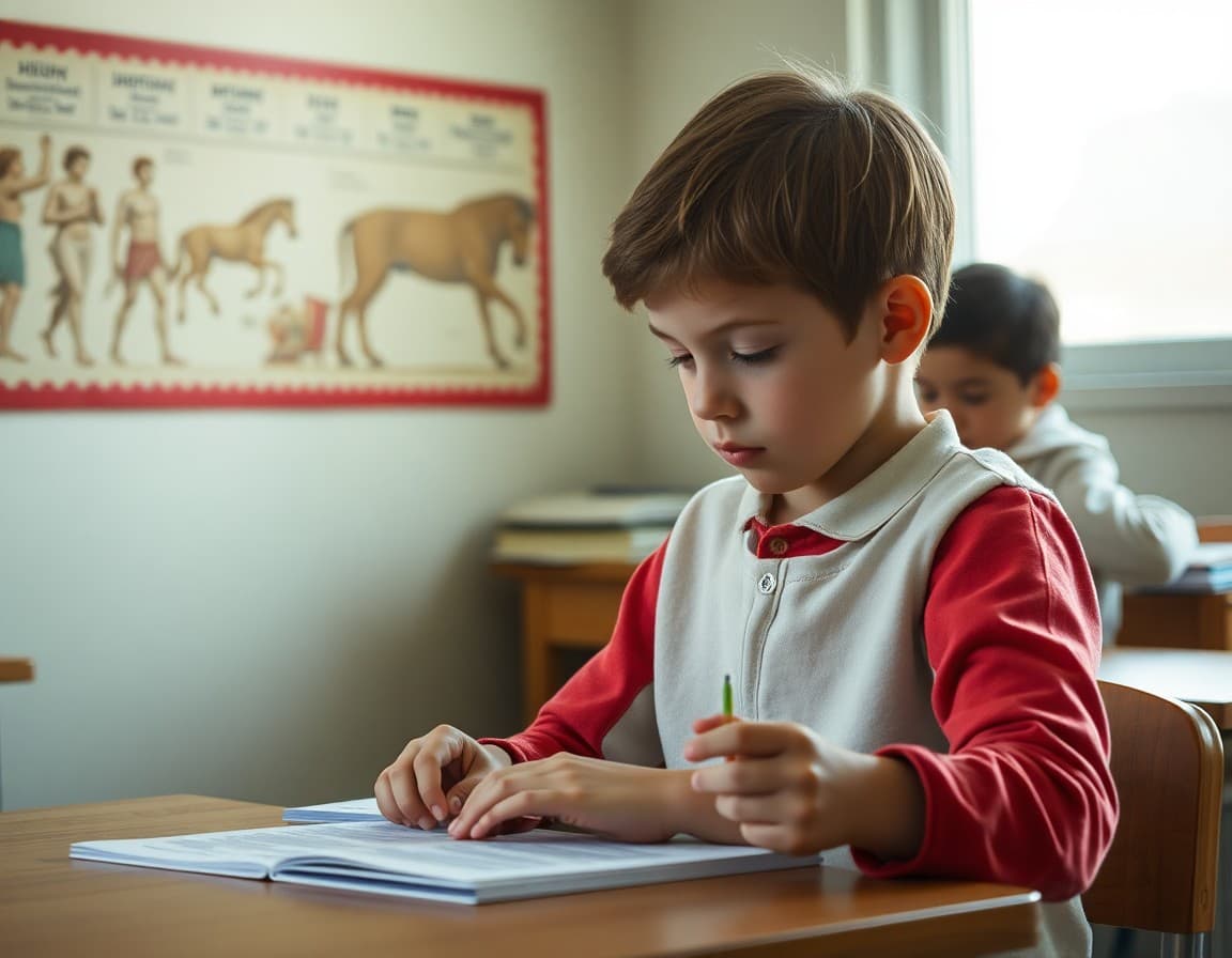 Child studying classic literature and Latin vocabulary at a desk with ancient history timeline on wall