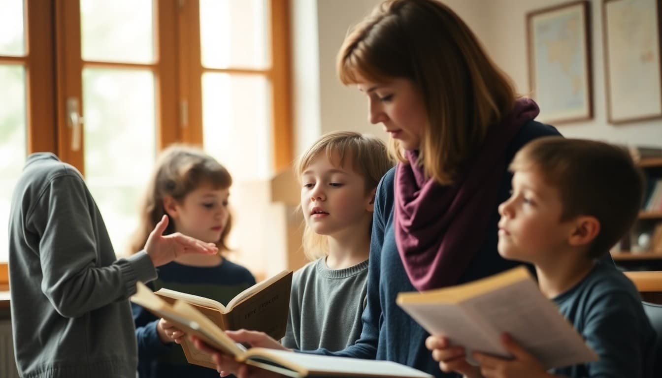 Classical homeschool students reciting Latin grammar and memorizing great works with a parent guiding them