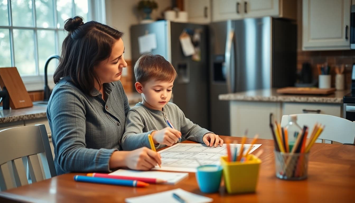 A homeschool parent and child reviewing a completed project at a kitchen table in a Delaware home