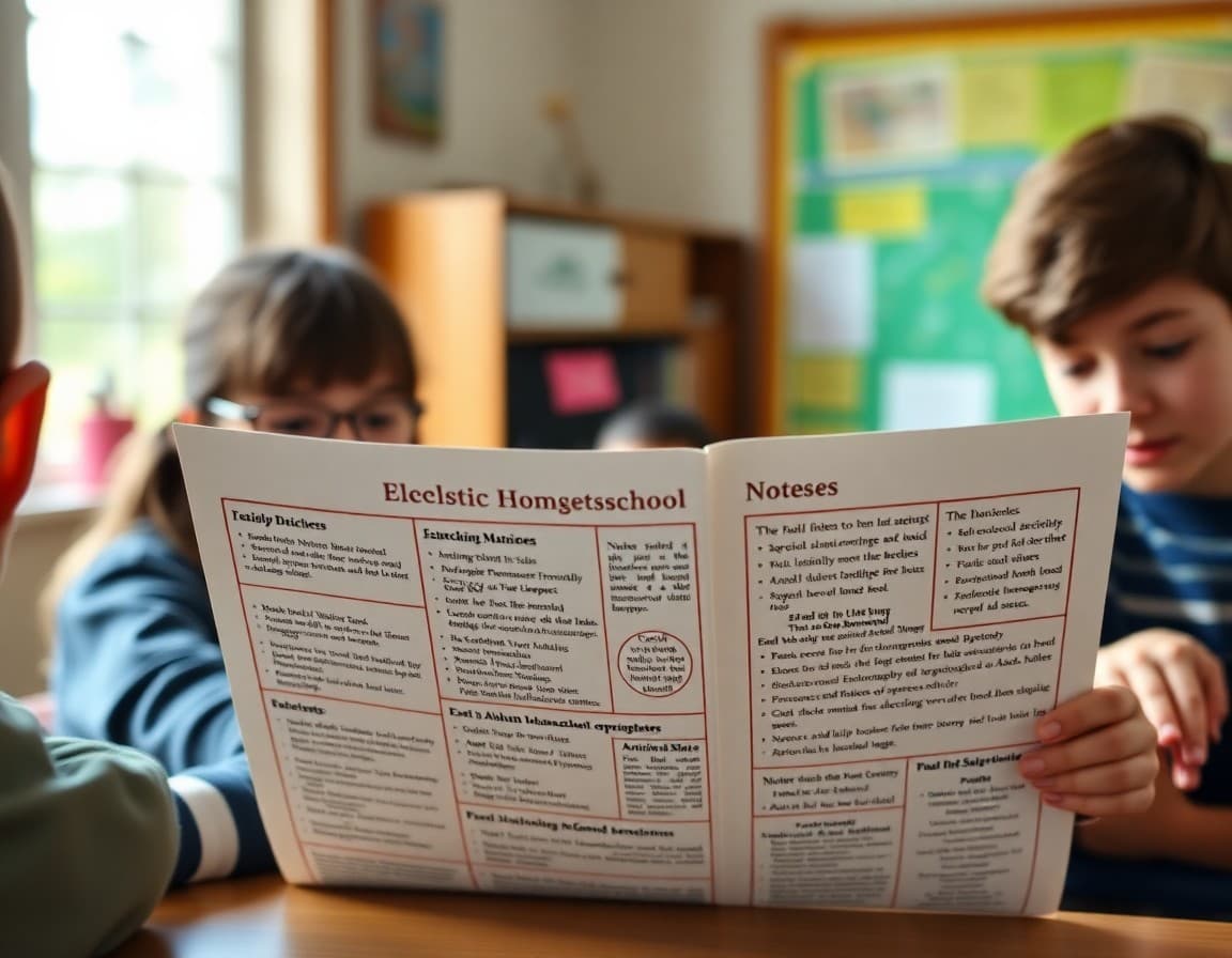 Eclectic homeschool newsletter with mix of curriculum titles and diverse subject notes visible