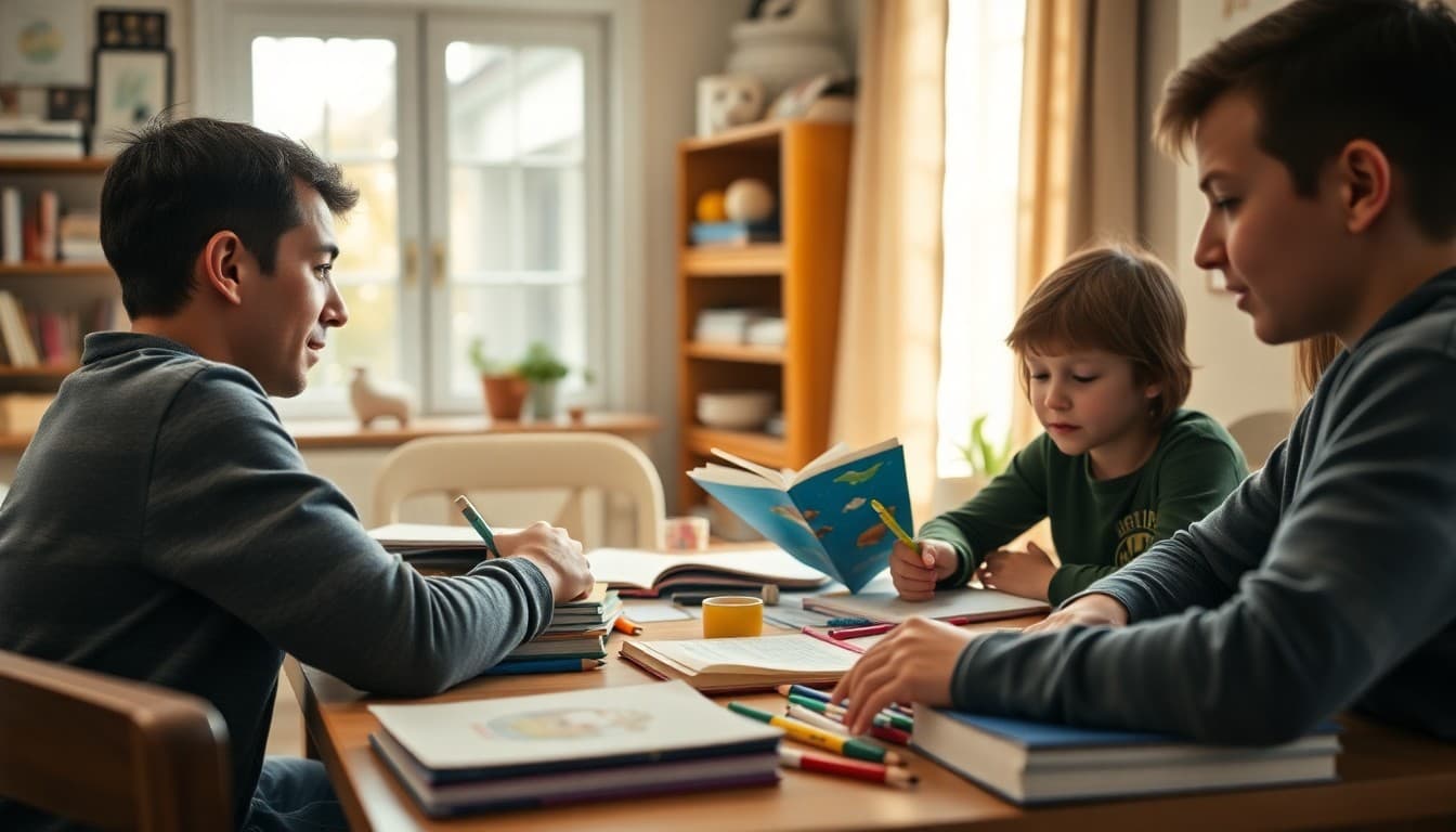 Eclectic homeschool family surrounded by diverse curriculum materials at a learning table at home