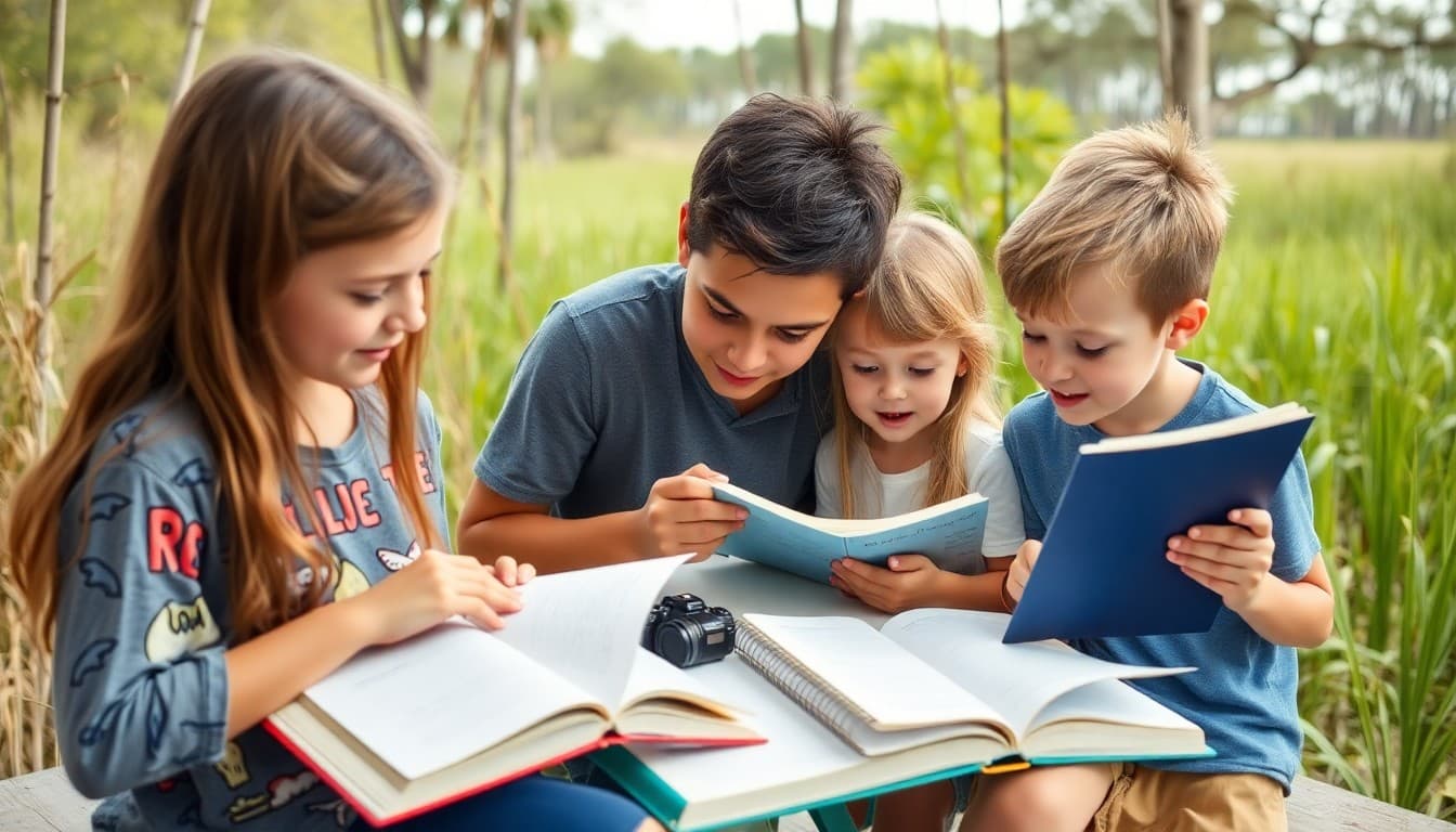 A homeschool family studying nature near a Florida wetland with field guides and notebooks
