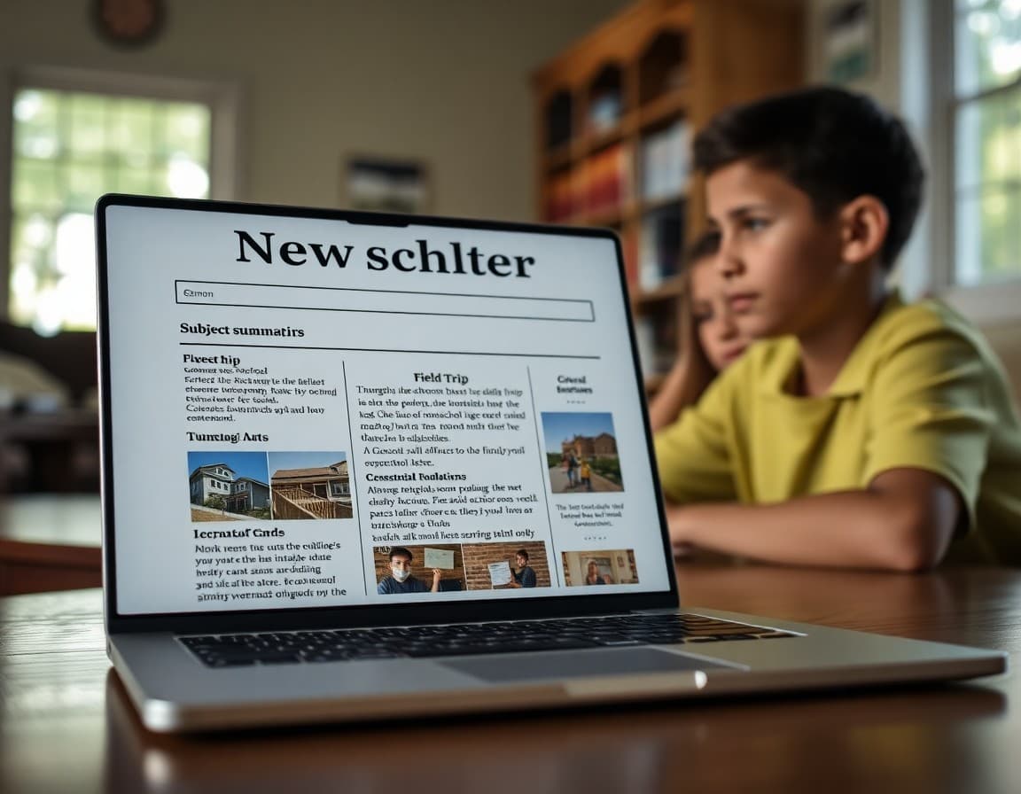 Georgia homeschool newsletter on a laptop with subject summaries and field trip documentation