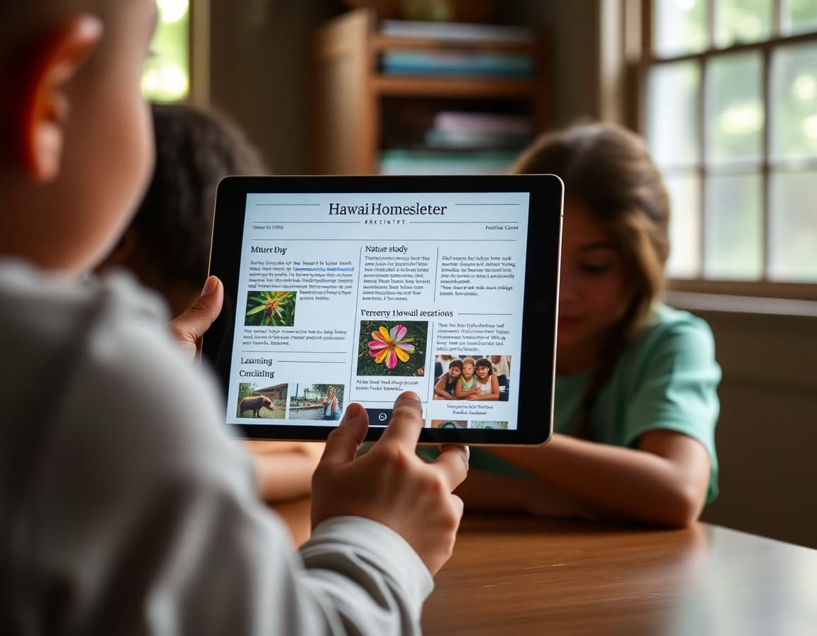 Hawaii homeschool newsletter on a tablet showing nature study updates and cultural learning sections