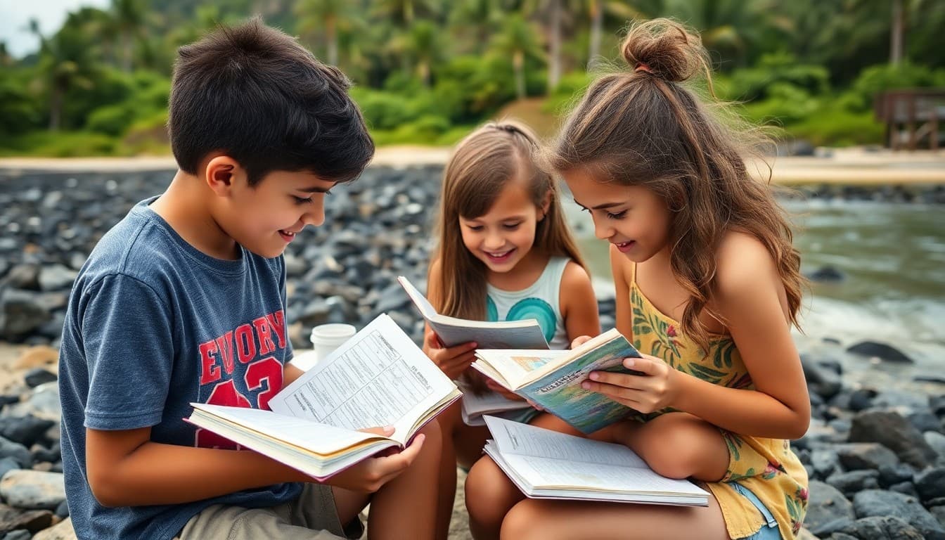 A homeschool family studying near a Hawaiian shore with field guides and student notebooks