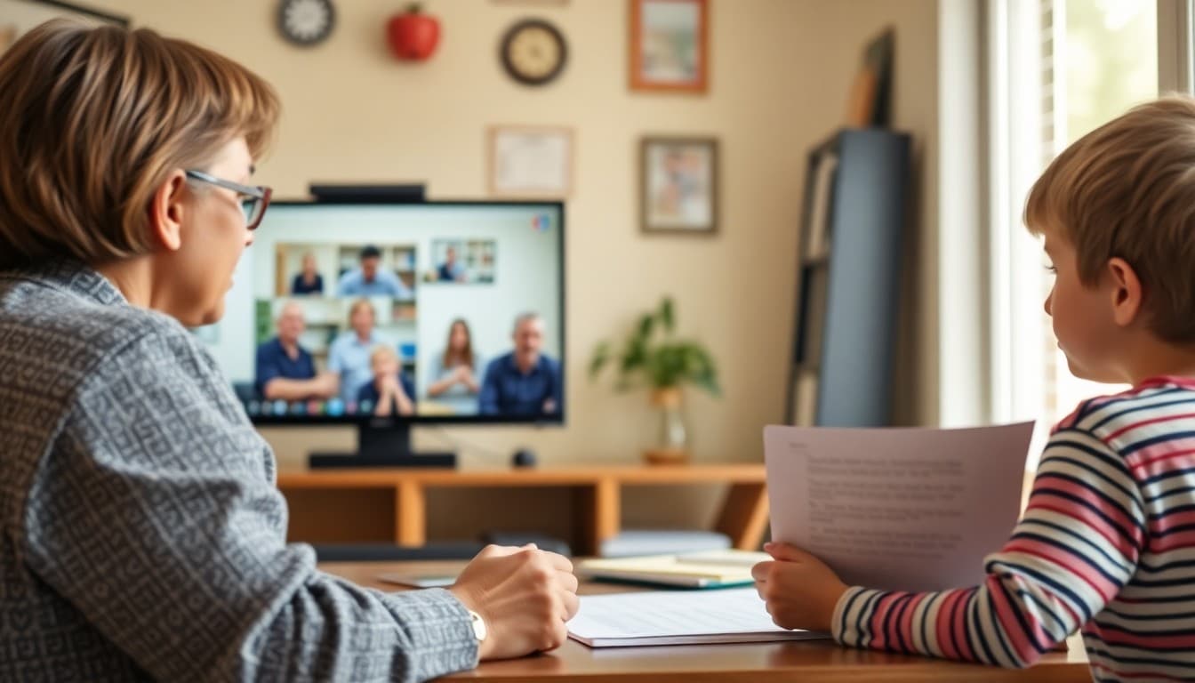 Homeschool parent presenting annual learning report to grandparents via video call with student nearby