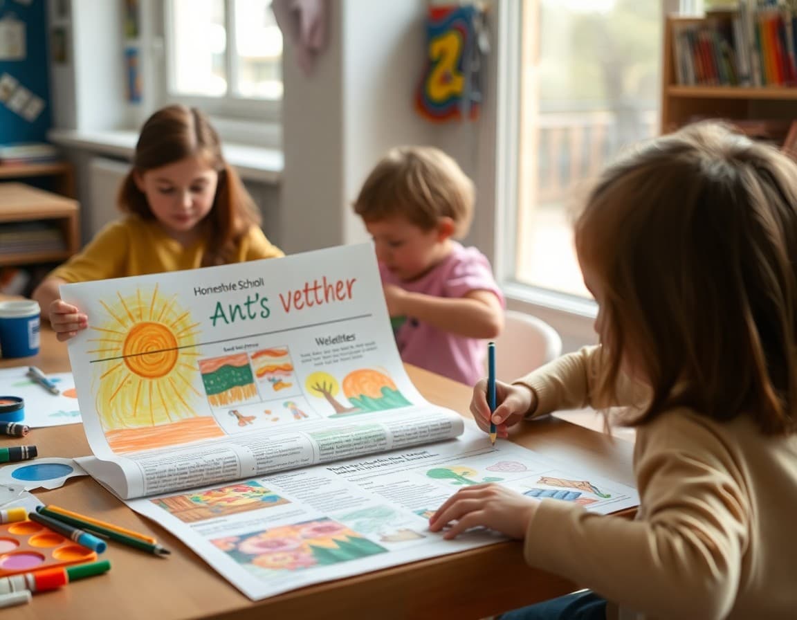 Homeschool art program newsletter laid out next to colorful student paintings and sketches